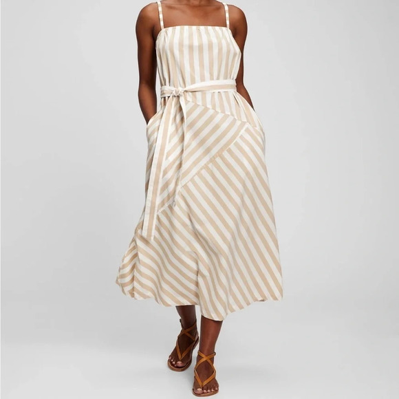 Gap Stripe MIDI Tank Dress Cotton Size Small Khaki White Summer Vacation Coastal - Picture 1 of 12